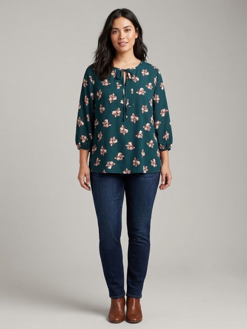 NWT West K Stitch Fix Cassia Tie Detail Blouse Dark Green Floral Boho Large